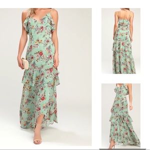 Used medium Gabriella Sage Green Floral Print Ruffled High-Low Maxi Dress